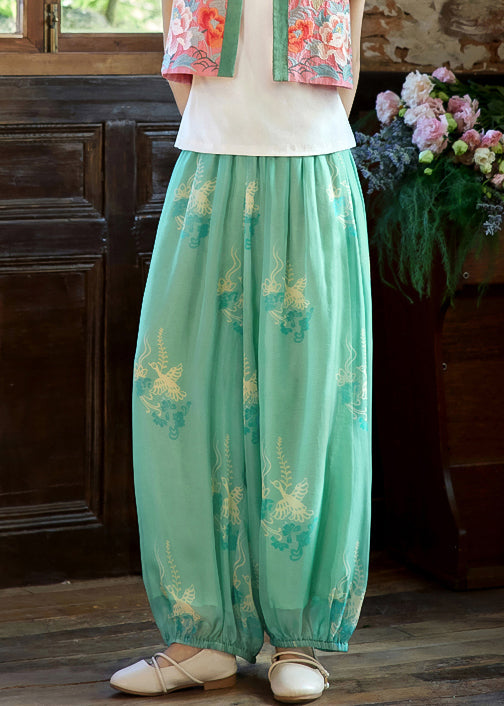 Loose Green Print Elastic Waist Chiffon Beam Pants Summer