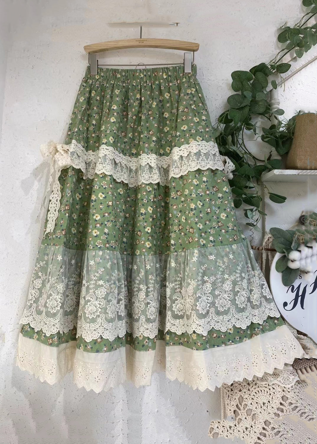 Loose Green Print Lace Elastic Waist Patchwork Skirts Summer