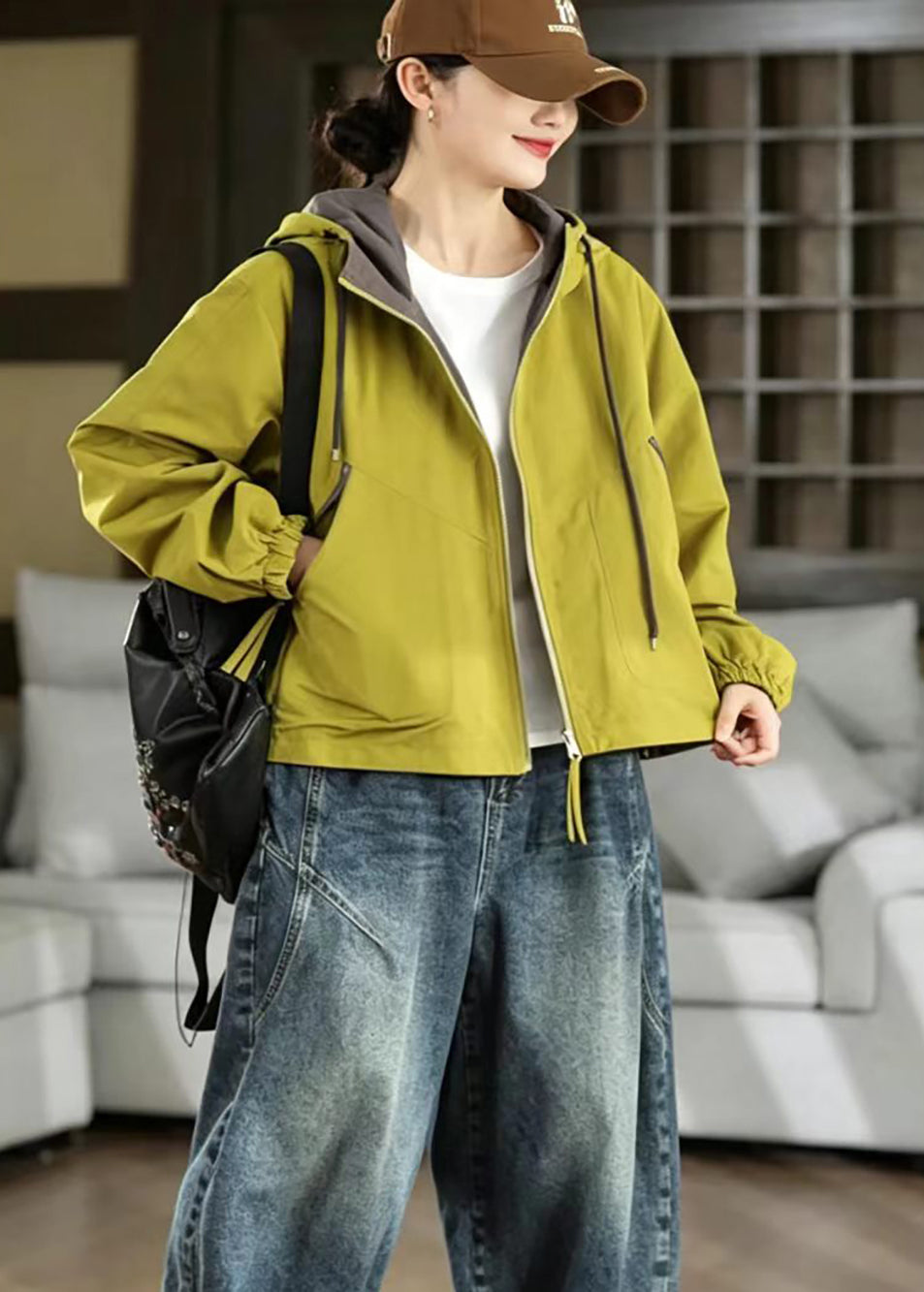 Loose Green Reversible Hooded Drawstring Pockets Jacket Fall