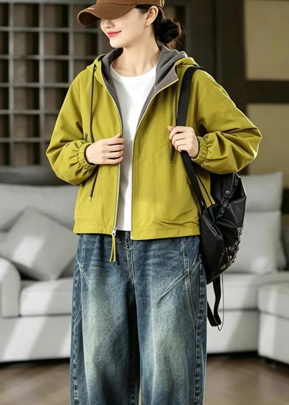 Loose Green Reversible Hooded Drawstring Pockets Jacket Fall