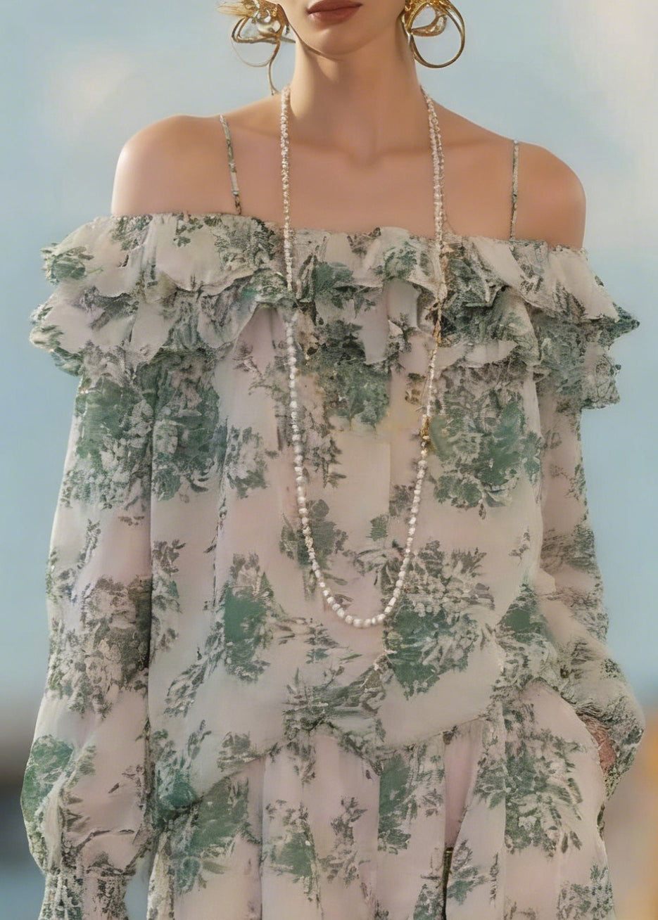 Loose Green Ruffled Print Shirts And Shorts Chiffon Two Pieces Set Summer - Omychic