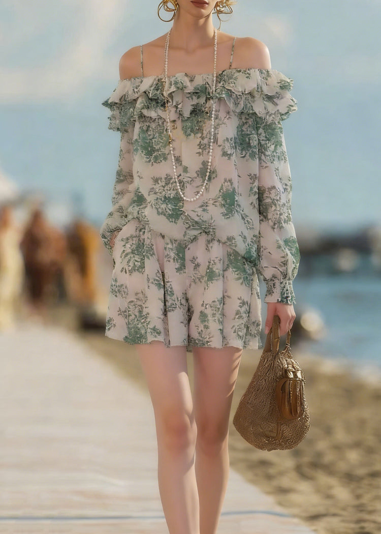 Loose Green Ruffled Print Shirts And Shorts Chiffon Two Pieces Set Summer - Omychic