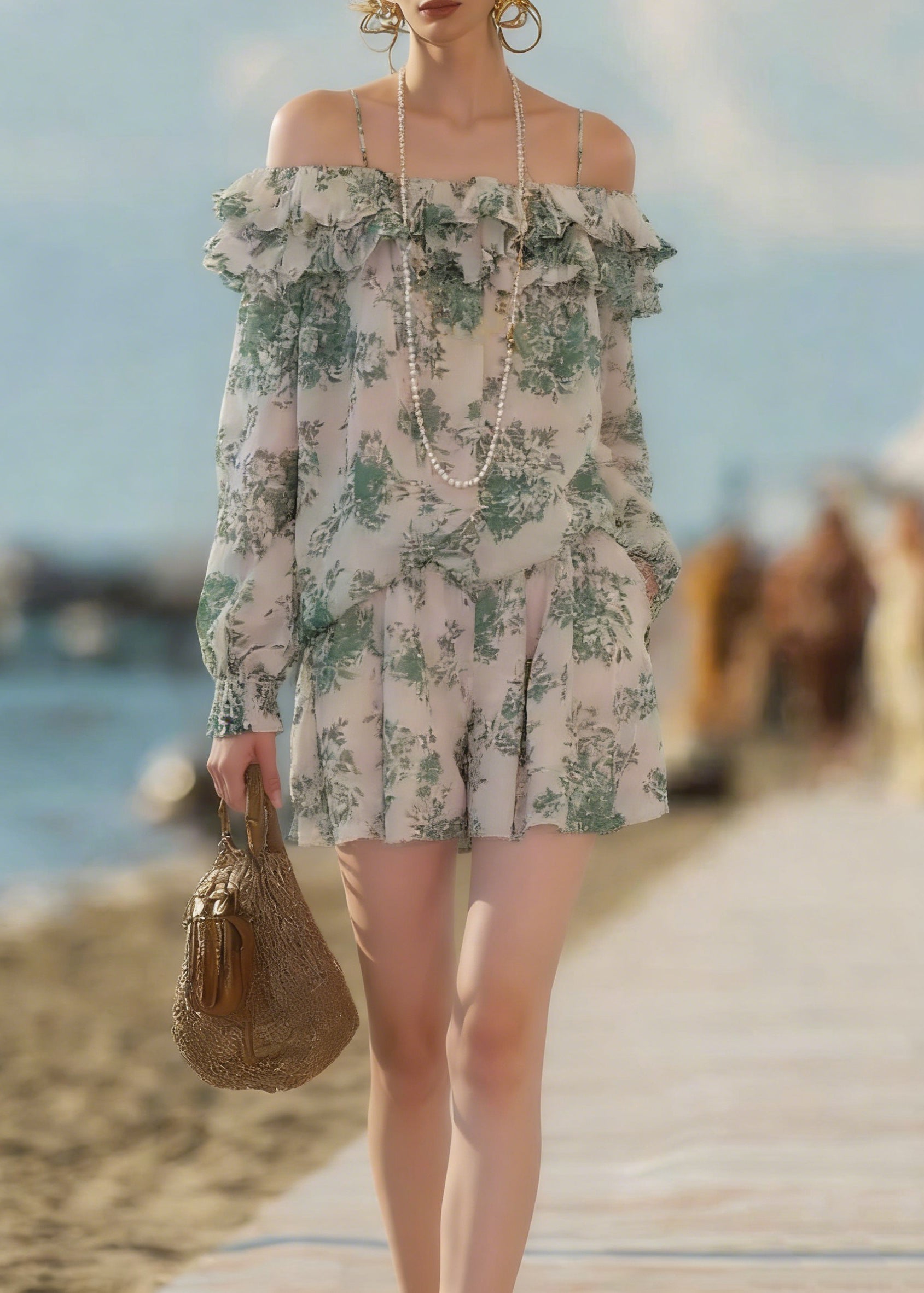 Loose Green Ruffled Print Shirts And Shorts Chiffon Two Pieces Set Summer - Omychic