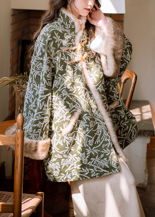 Loose Green Stand Collar Print Patchwork Warm Fleece Parkas Batwing Sleeve