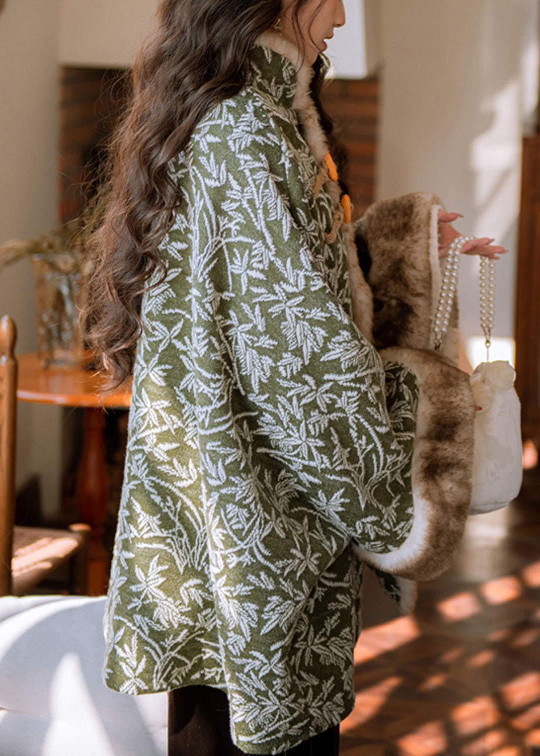 Loose Green Stand Collar Print Patchwork Warm Fleece Parkas Batwing Sleeve