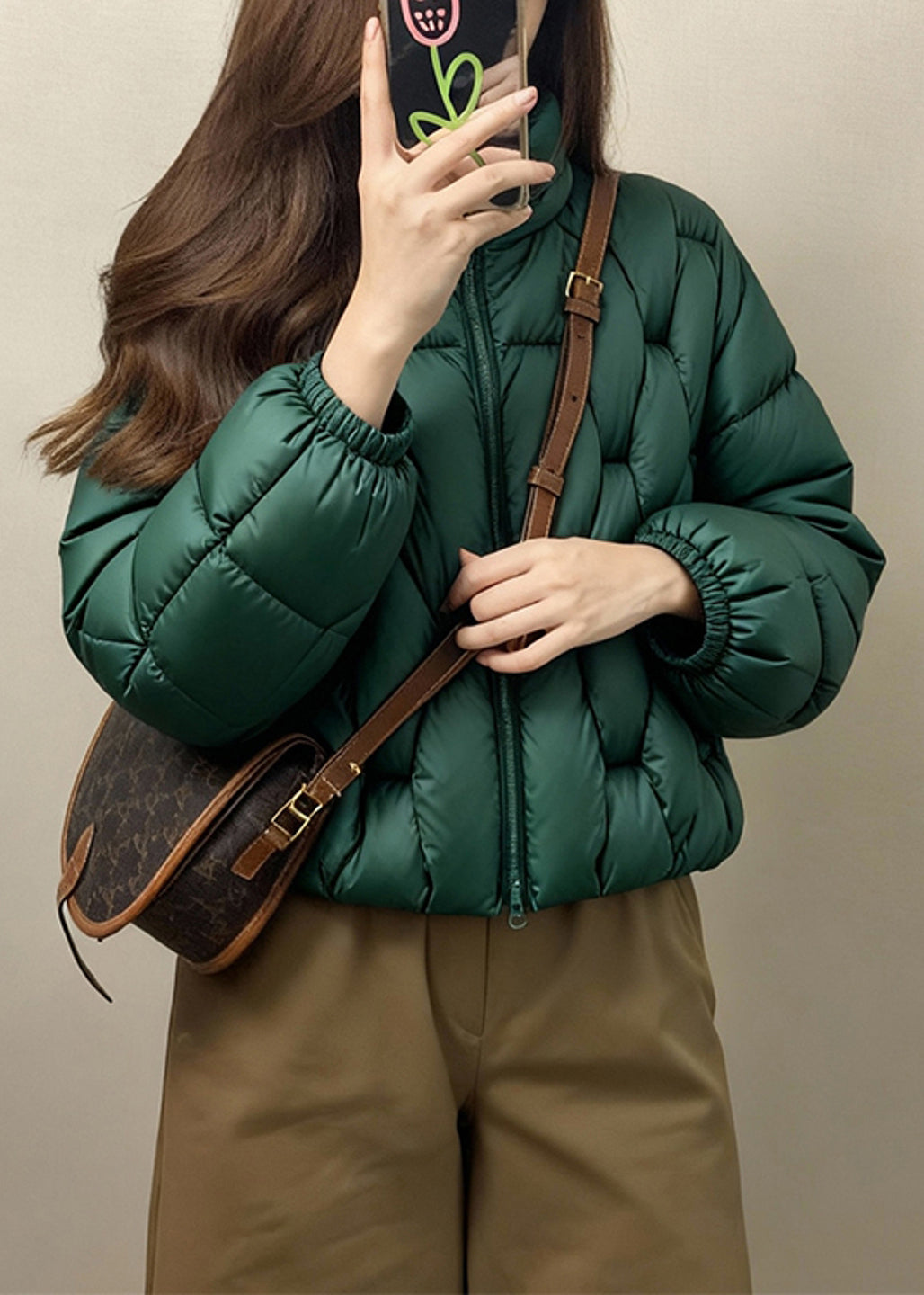 Loose Green Stand Collar Zip Up Solid Fine Cotton Filled Parkas Winter