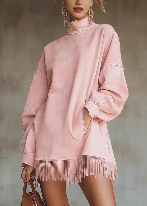 Loose Green Tasseled Pockets Faux Suede Mid Dress Spring