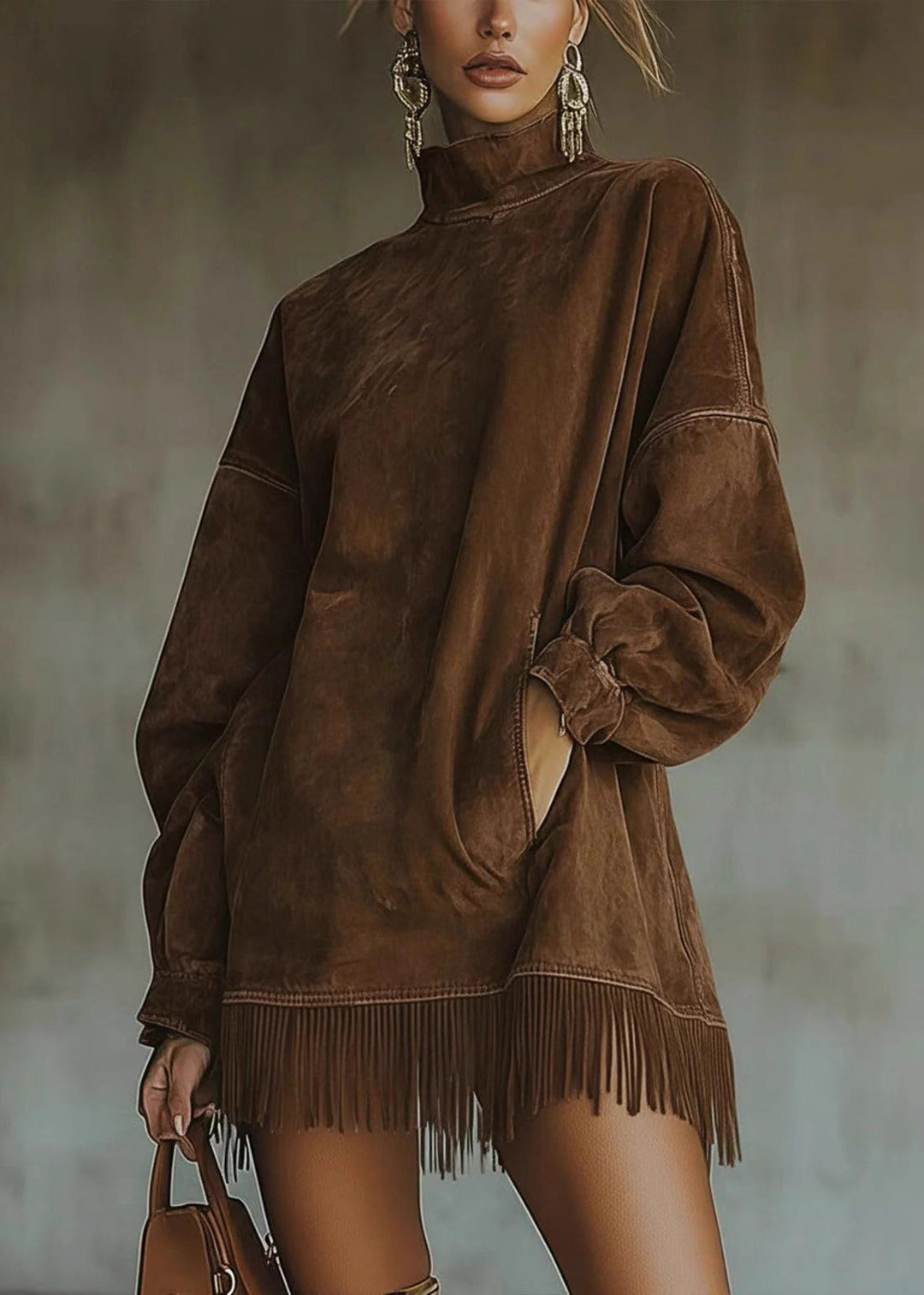 Loose Green Tasseled Pockets Faux Suede Mid Dress Spring