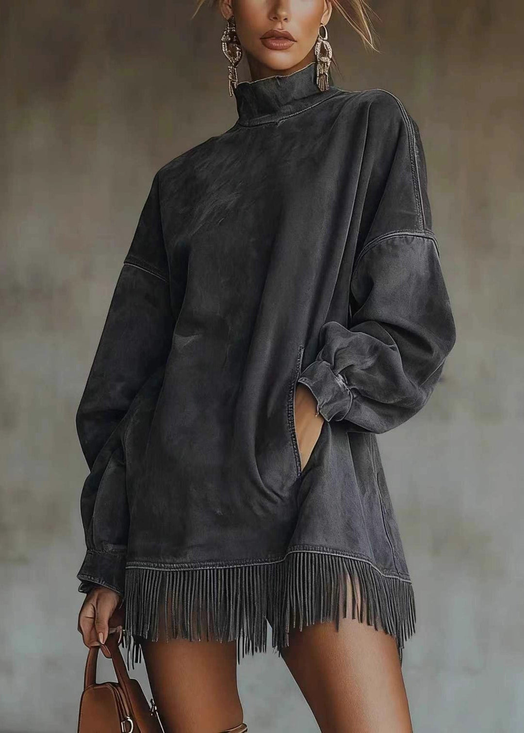 Loose Green Tasseled Pockets Faux Suede Mid Dress Spring