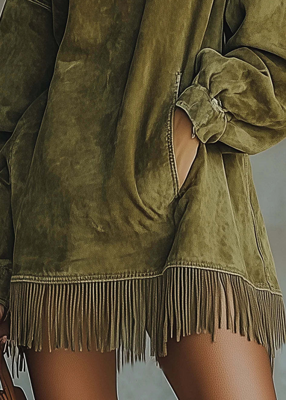 Loose Green Tasseled Pockets Faux Suede Mid Dress Spring