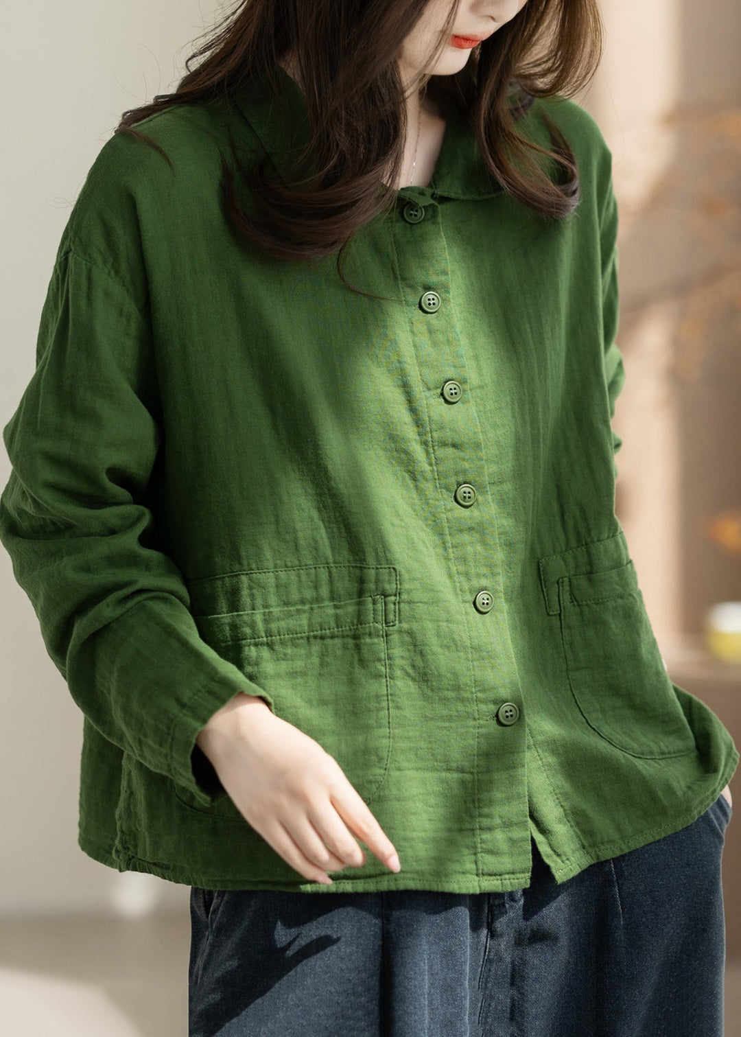 Loose Green Turn-Down Collar Pockets Double-Iayer Cotton Jacket Fall