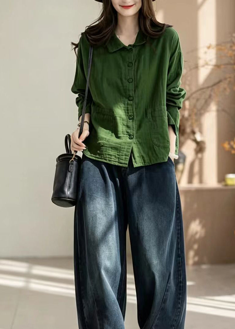 Loose Green Turn-Down Collar Pockets Double-Iayer Cotton Jacket Fall