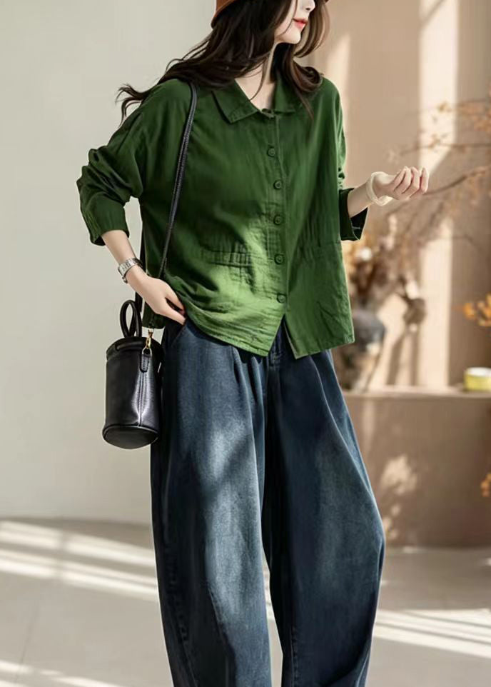 Loose Green Turn-Down Collar Pockets Double-Iayer Cotton Jacket Fall