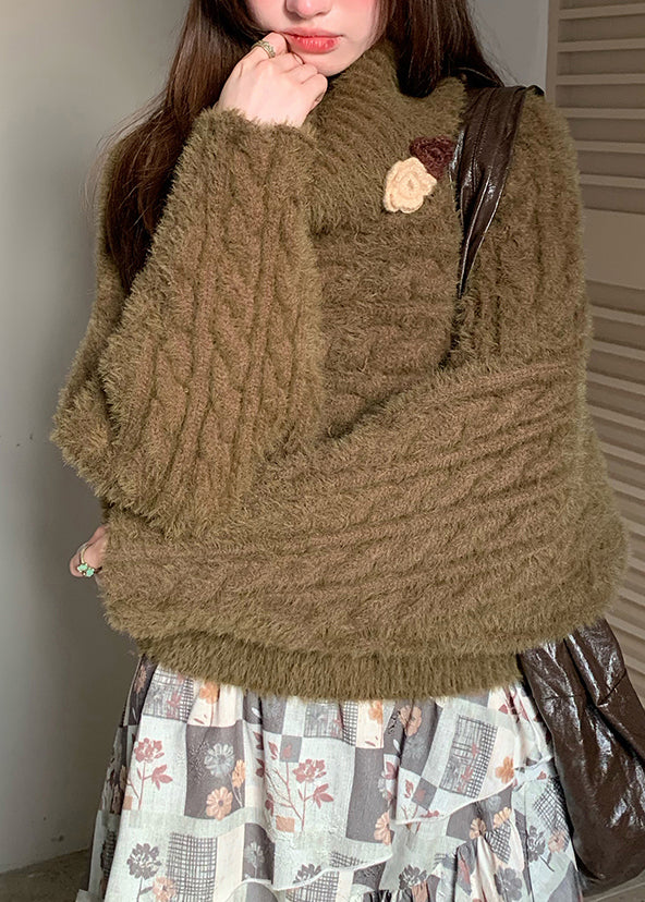 Loose Green Turtleneck Floral Cozy Cotton Knit Sweaters Fall