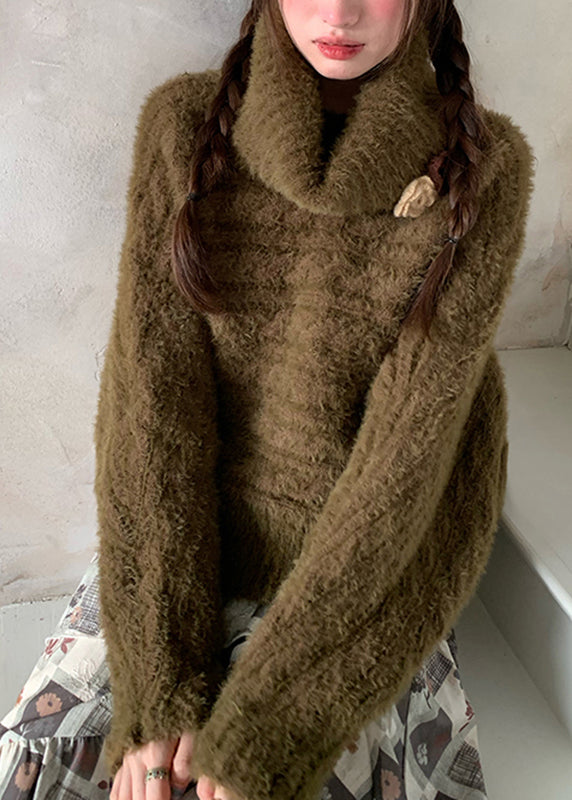 Loose Green Turtleneck Floral Cozy Cotton Knit Sweaters Fall