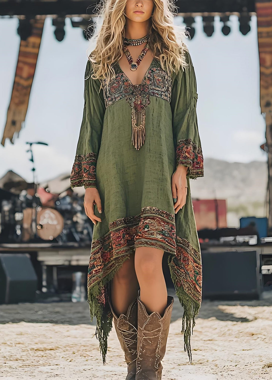 Loose Green V Neck Asymmetrical Design Print Dresses Spring