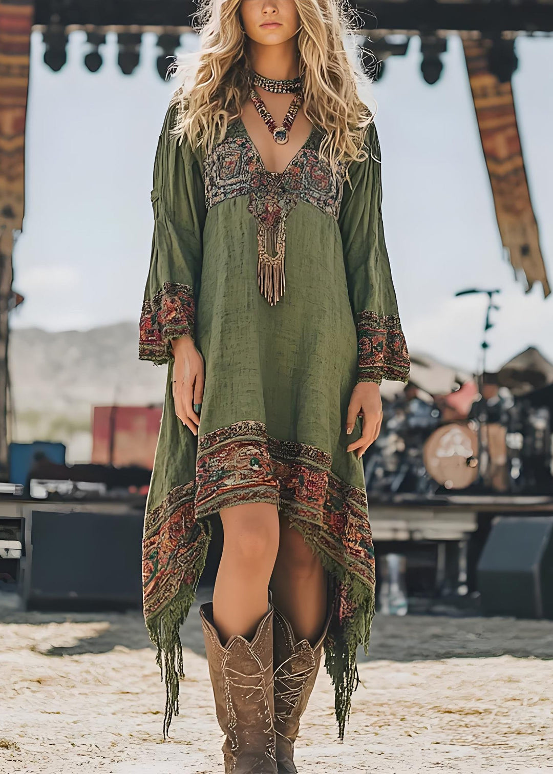 Loose Green V Neck Asymmetrical Design Print Dresses Spring