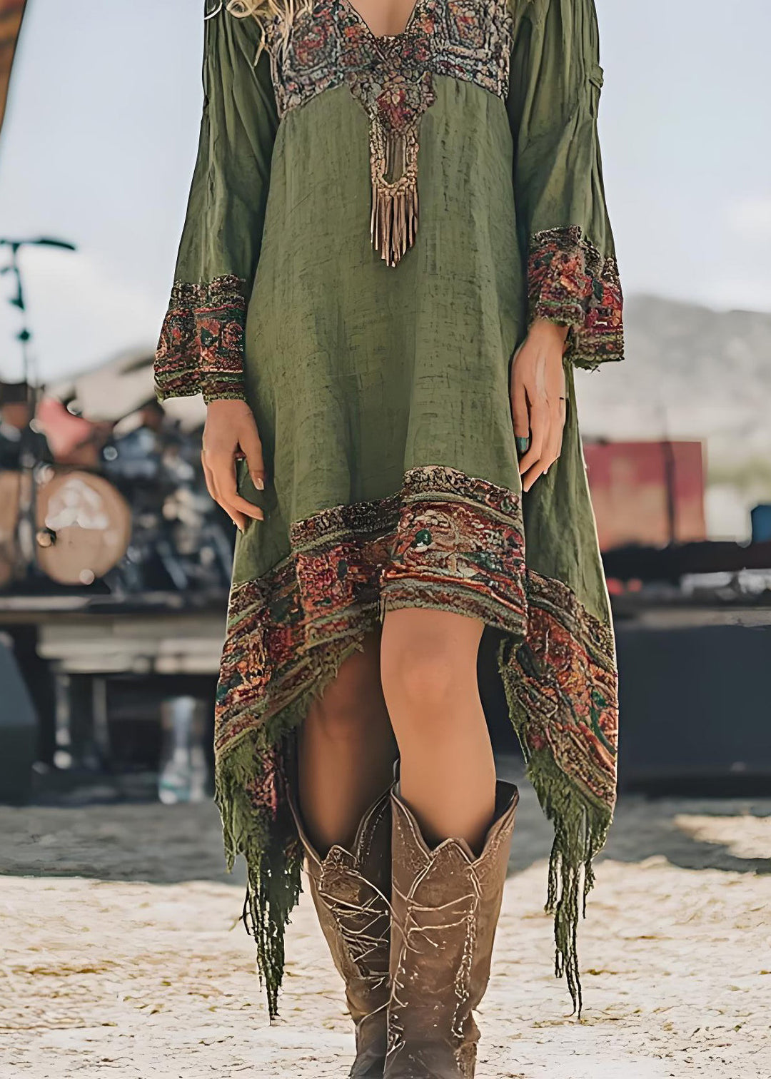 Loose Green V Neck Asymmetrical Design Print Dresses Spring