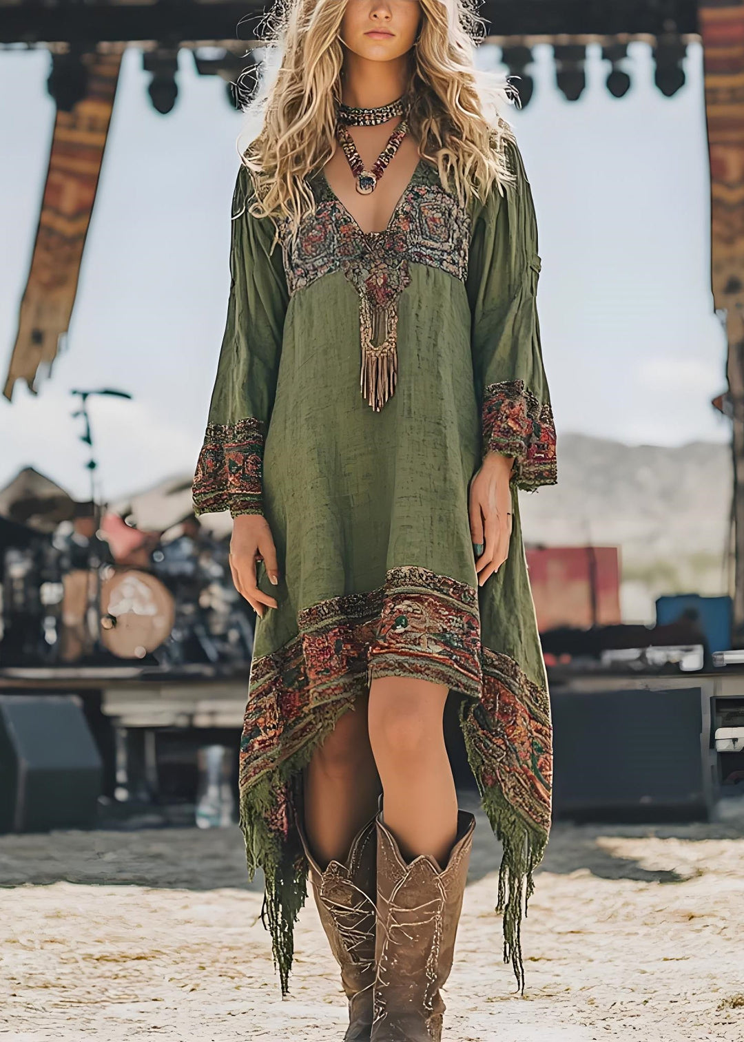 Loose Green V Neck Asymmetrical Design Print Dresses Spring