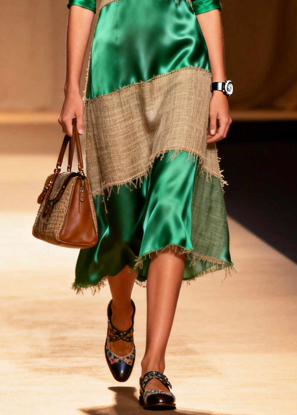Loose Green V Neck Patchwork Linen Silk Maxi Dress Summer