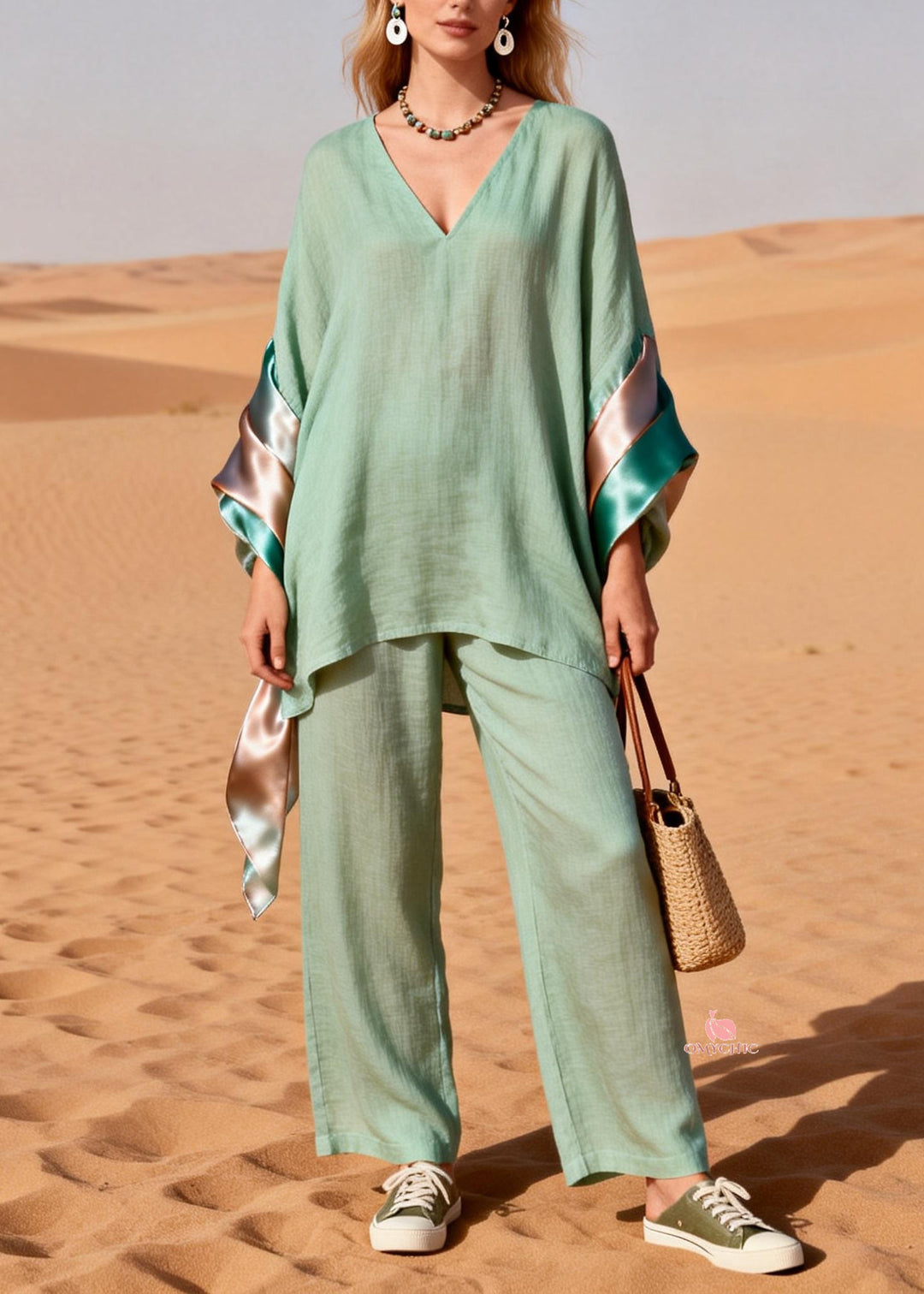 Loose Green V Neck Silk Patchwork Linen Two Piece Set Spring