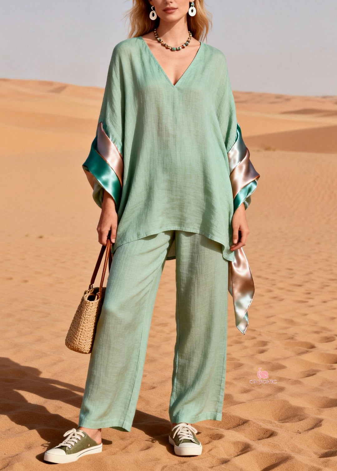 Loose Green V Neck Silk Patchwork Linen Two Piece Set Spring