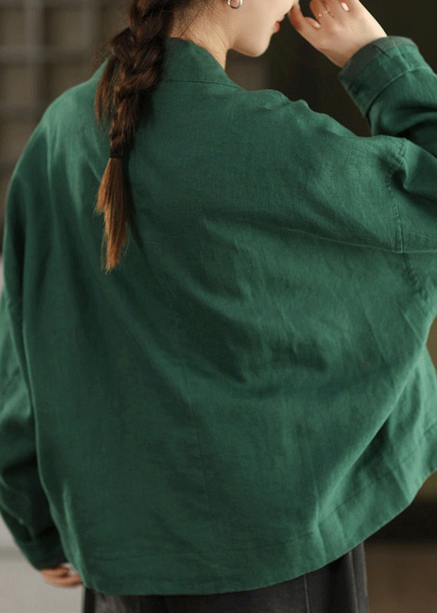 Loose Green V Neck Solid Coats Long Sleeve