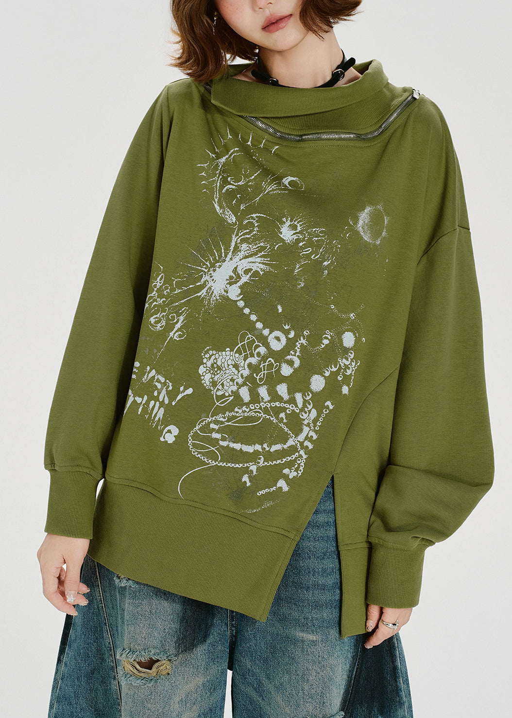 Loose Green Zip Up Print Cotton Pullover Sweatshirt Spring