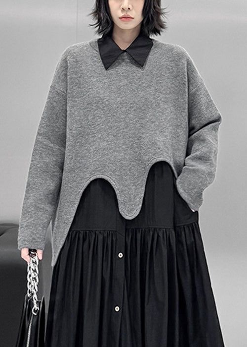 Loose Grey Asymmetrical Cozy Knit Sweater Tops Fall