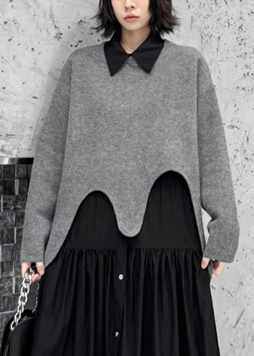 Loose Grey Asymmetrical Cozy Knit Sweater Tops Fall