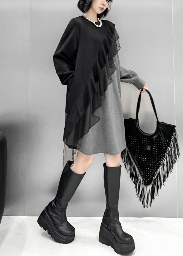 Loose Grey Asymmetrical Tulle Patchwork Cotton T Shirt Dress Fall