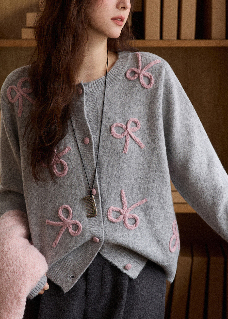 Loose Grey Bow Embroidered Cotton Knit Cardigan Fall