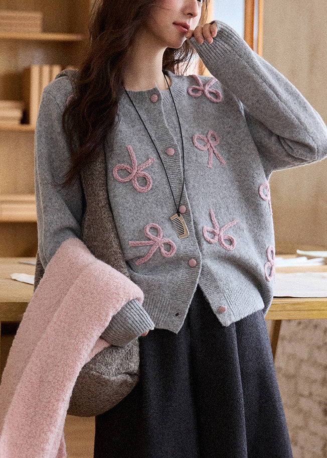 Loose Grey Bow Embroidered Cotton Knit Cardigan Fall