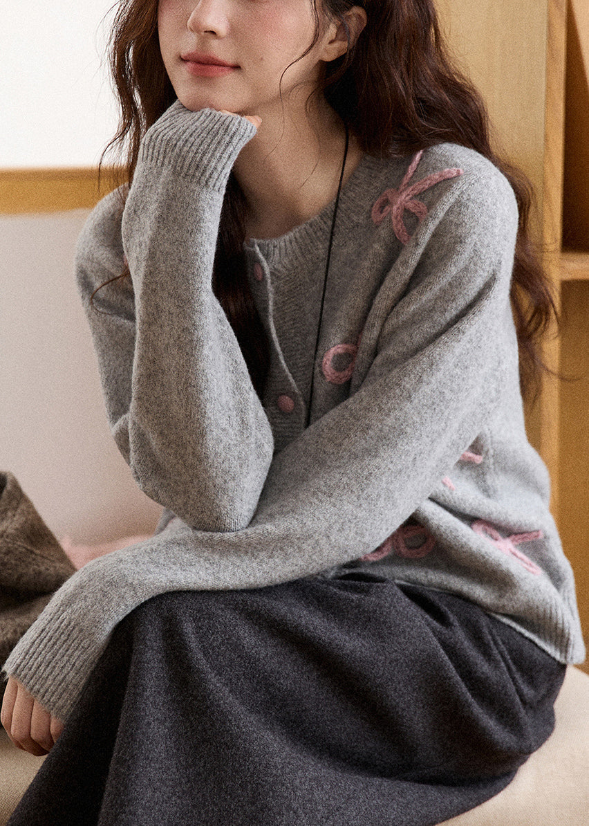 Loose Grey Bow Embroidered Cotton Knit Cardigan Fall