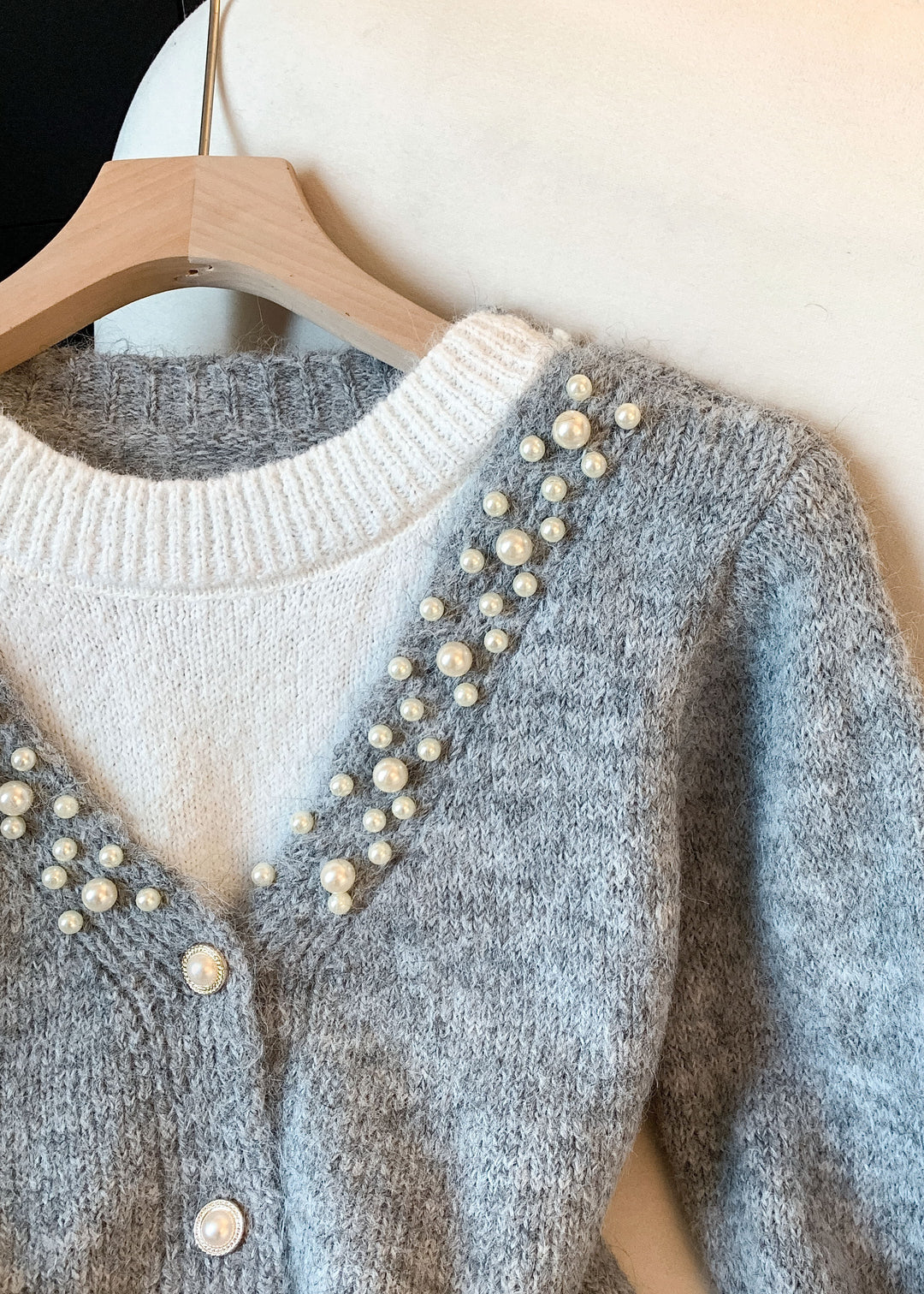 Loose Grey Button Pearl Cozy Patchwork Knit Sweater
