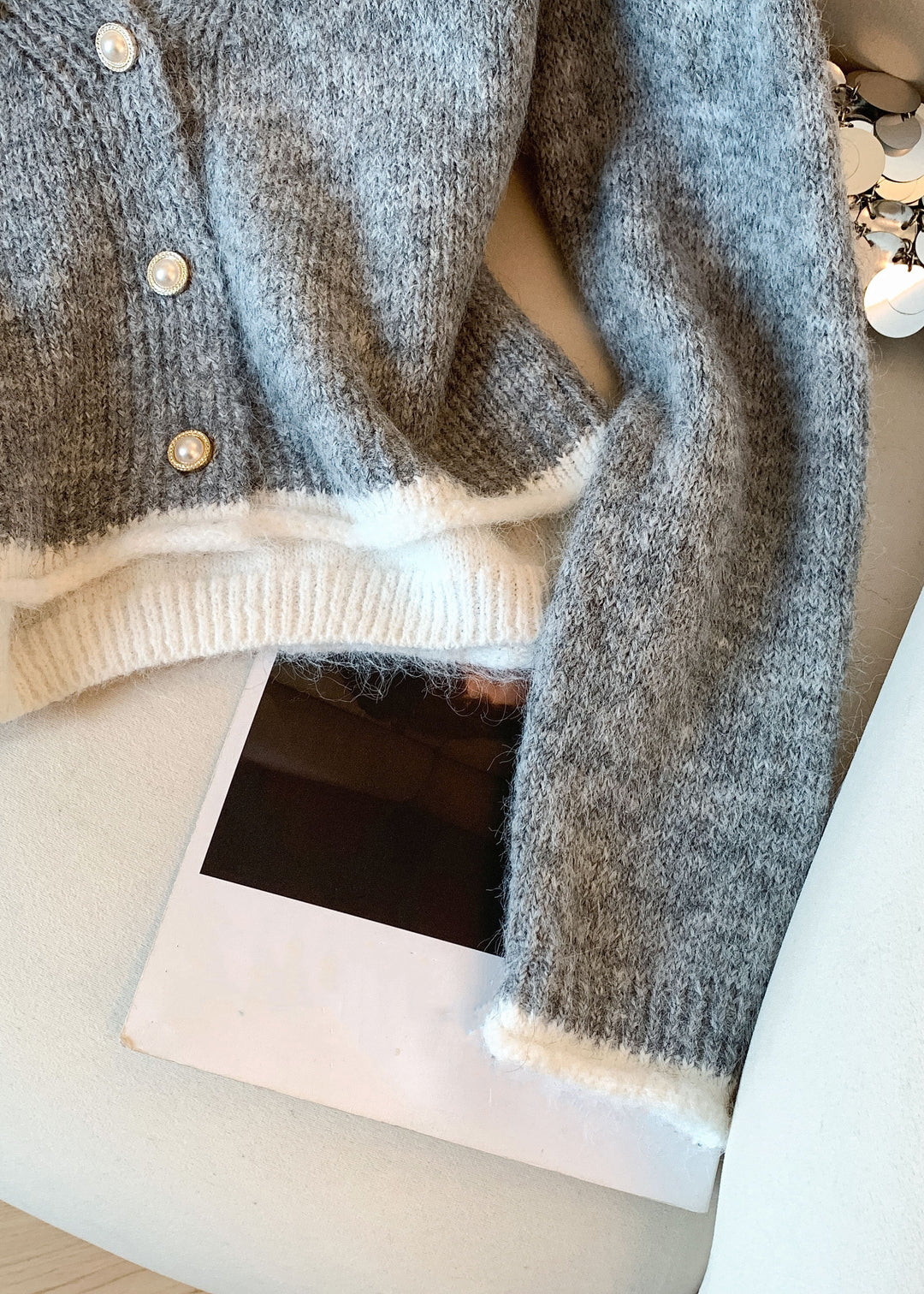 Loose Grey Button Pearl Cozy Patchwork Knit Sweater