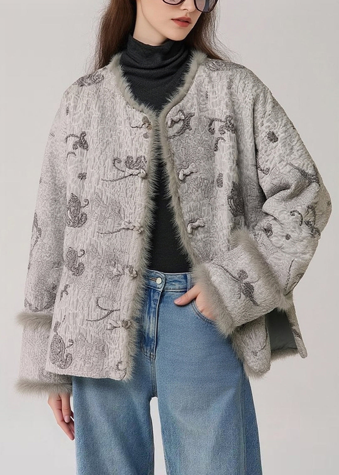 Loose Grey Button Side Open Fluffy Patchwork Cotton Filled Parkas Winter