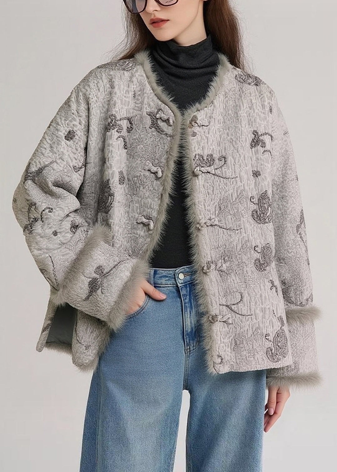 Loose Grey Button Side Open Fluffy Patchwork Cotton Filled Parkas Winter