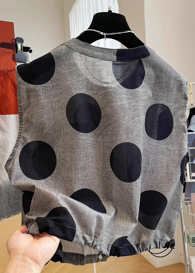 Loose Grey Dot Pockets Drawstring Cotton Waistcoat Sleeveless