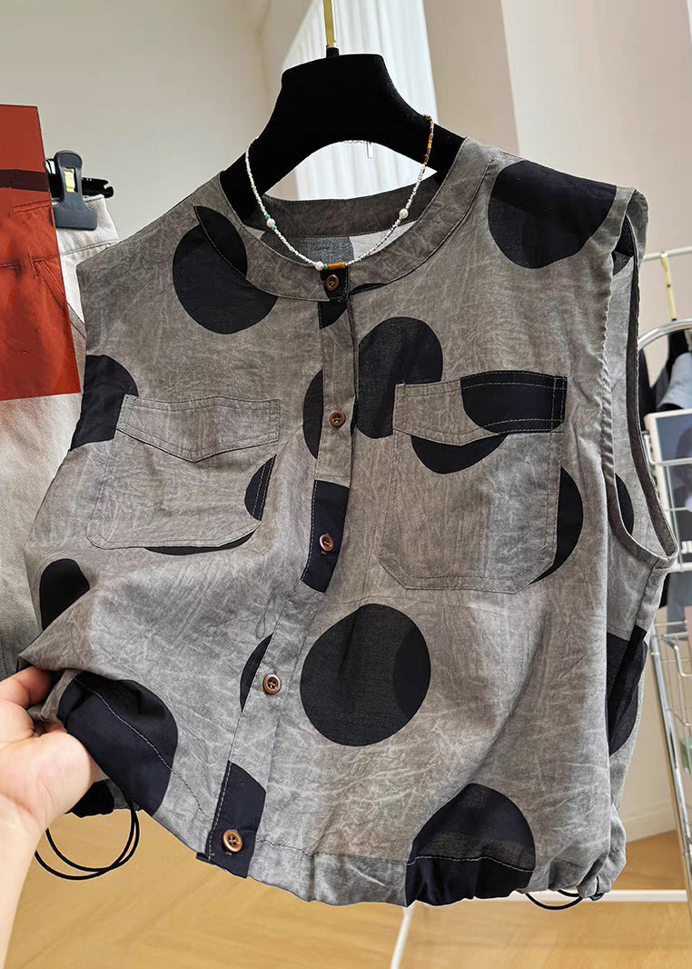 Loose Grey Dot Pockets Drawstring Cotton Waistcoat Sleeveless