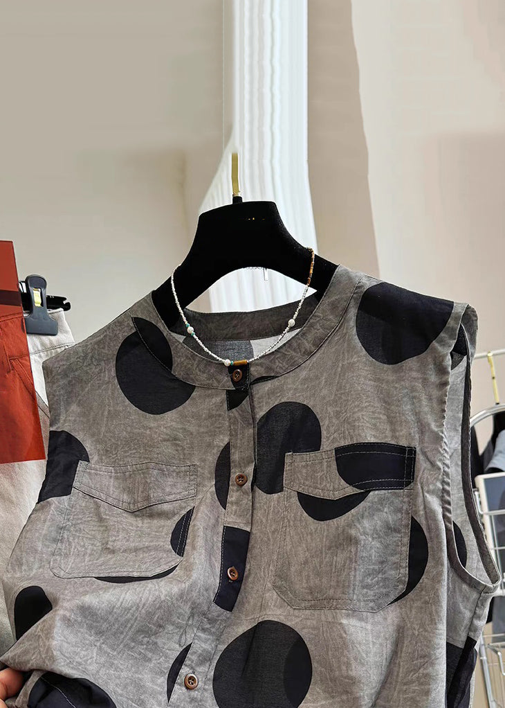 Loose Grey Dot Pockets Drawstring Cotton Waistcoat Sleeveless