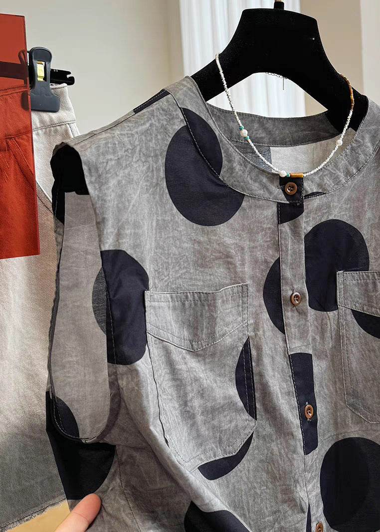 Loose Grey Dot Pockets Drawstring Cotton Waistcoat Sleeveless