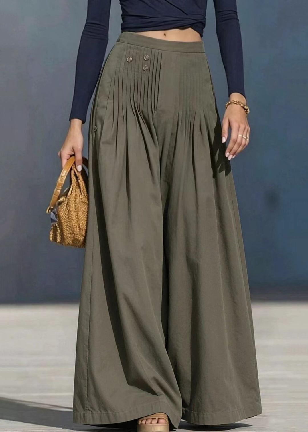 Loose Grey Green Pleated Drawstring Hem Two Ways Wear Wide Leg Pants Fall