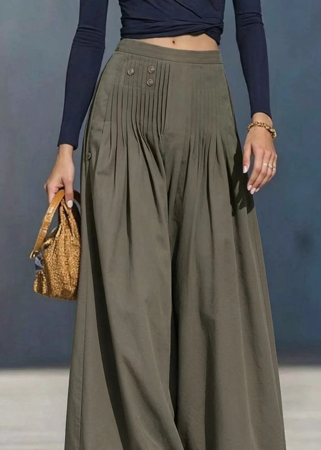 Loose Grey Green Pleated Drawstring Hem Two Ways Wear Wide Leg Pants Fall