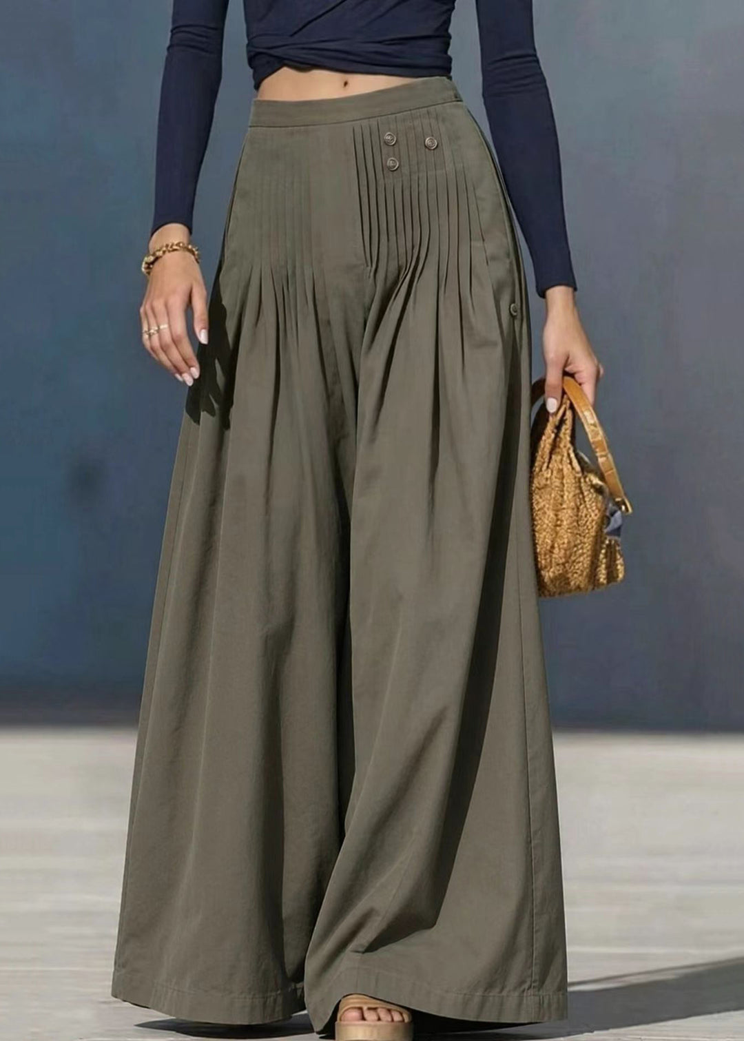 Loose Grey Green Pleated Drawstring Hem Two Ways Wear Wide Leg Pants Fall