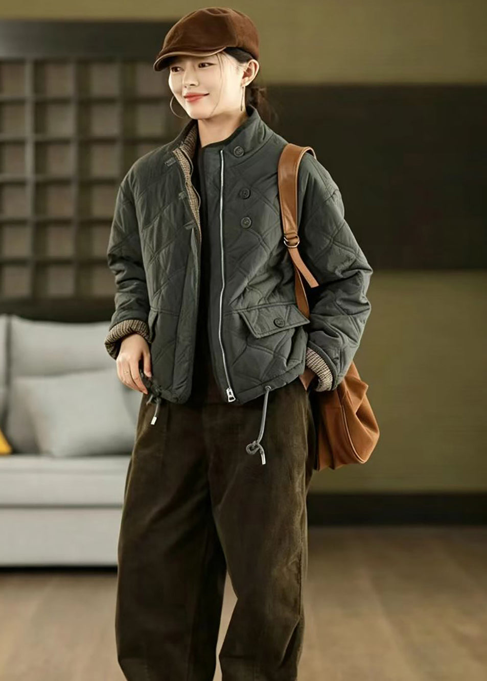 Loose Grey Green Stand Collar Drawstring Cotton Filled Puffer Jacket Winter