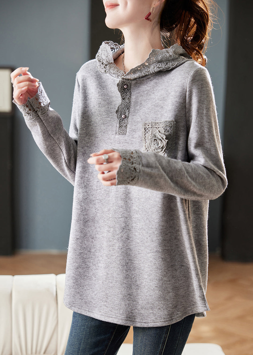 Loose Grey Hooded Lace Patchwork Knitting Cotton T Shirts Fall