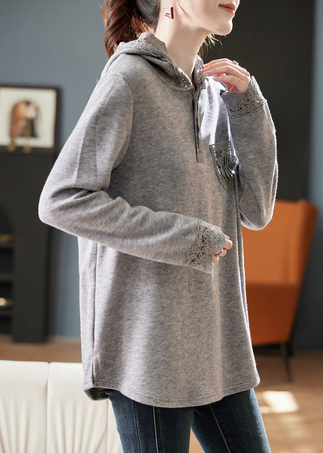 Loose Grey Hooded Lace Patchwork Knitting Cotton T Shirts Fall