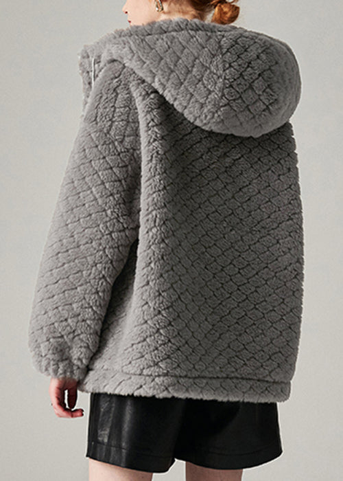 Loose Grey Hooded Pockets Woolen Coat Winter