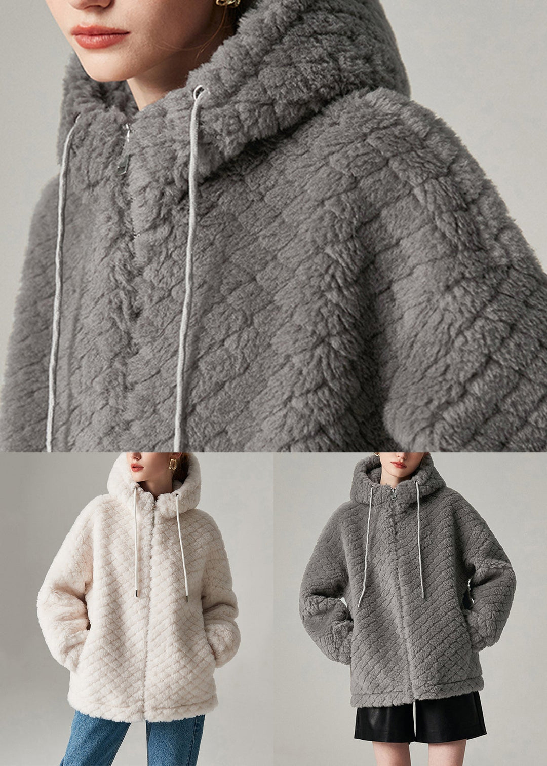 Loose Grey Hooded Pockets Woolen Coat Winter